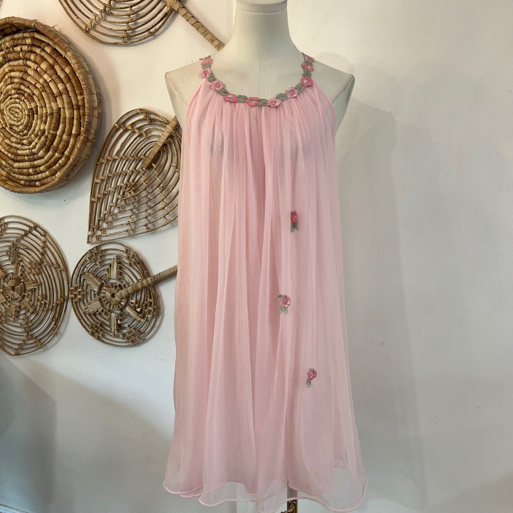 Vintage Pink Chiffon Floral Embroidered Babydoll Lingerie Slip Dress Ballet M/L - Picture 2 of 7